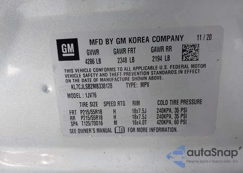 2021 Chevrolet Trax Fwd Lt z USA, uszkodzony, nr VIN KL7CJLSB2MB338128